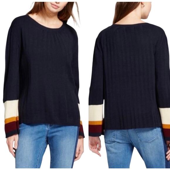 Cliche Sweaters - Cliche Navy Pleated Bell Sleeve Sweater Striped Cuffs Medium